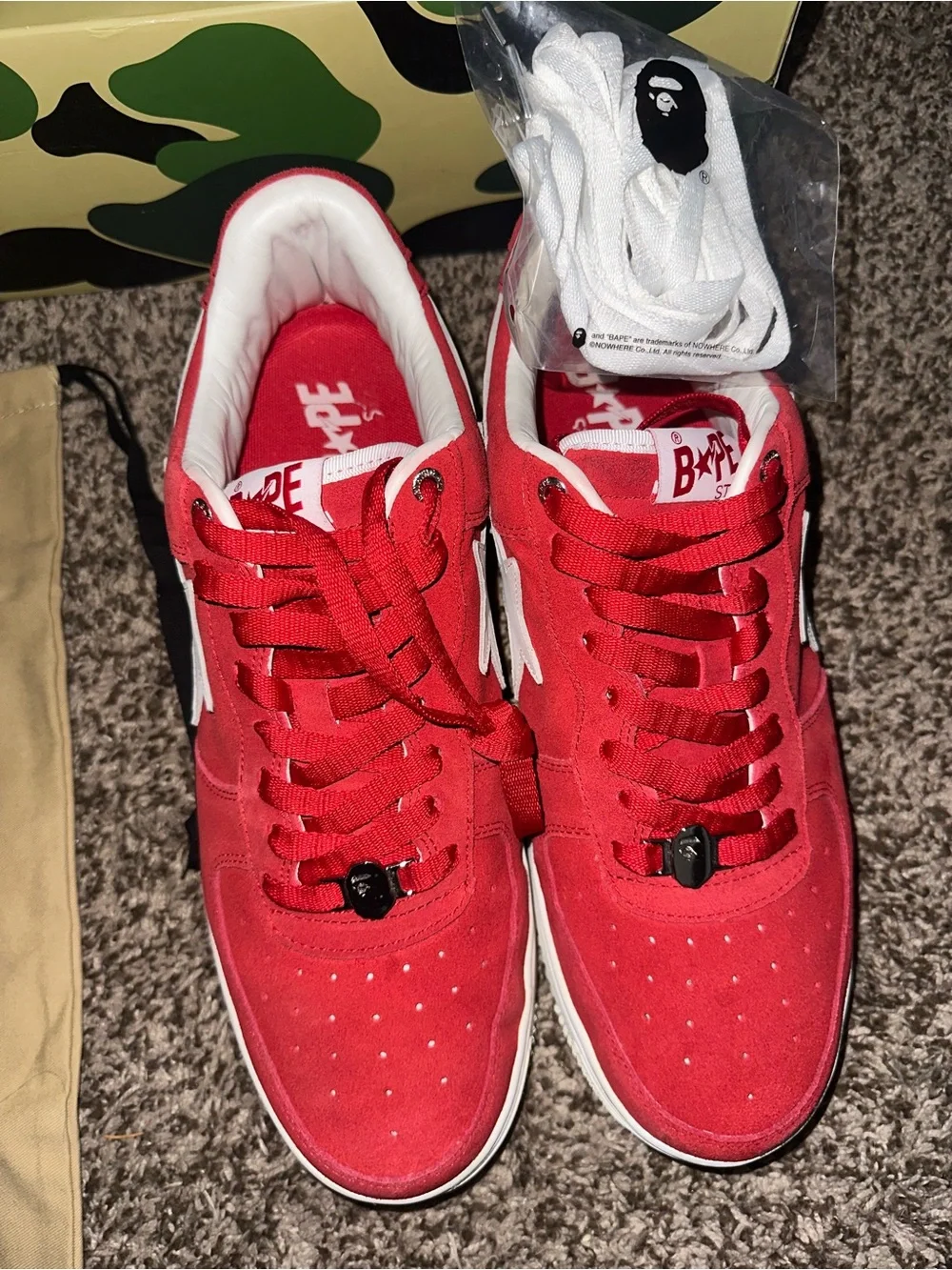 BAPE  Red Suede STA Low-Top Sneakers with White Star